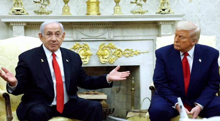 Prime Minister Benjamin Netanyahu, left, speaks alongside US President Donald Trump during a meeting in the Oval Office of the White House in Washington, DC, on April 7, 2025. (Kevin Dietsch / Getty Images via AFP)