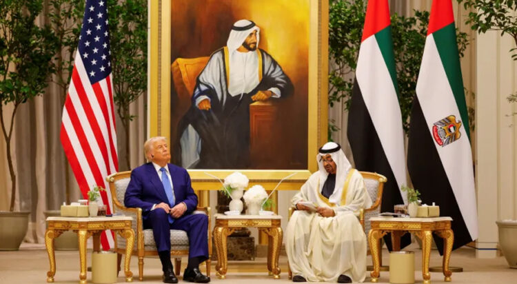 Trump and Sheikh Mohamed at the presidential palace in Abu Dhabi [Brian Snyder/Reuters]