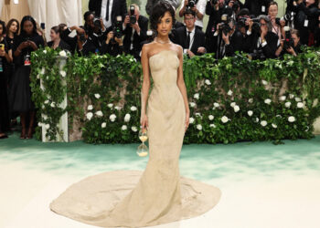 Tyla’s sculpted sand gown, created by Balmain from a plaster mold of her body, was one of the most talked-about looks of 2024. The singer had to be lifted up the stairs to the entrance of the Met.
Jamie McCarthy/Getty Images