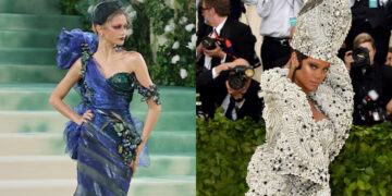 Zendaya at The 2024 Met Gala and Rihanna attends the Heavenly Bodies: Fashion & The Catholic Imagination Costume Institute Gala at The Metropolitan Museum of Art, May 7, 2018, in New York.
(Images: Neilson Barnard/mg24/ John Shearer/Getty Images)