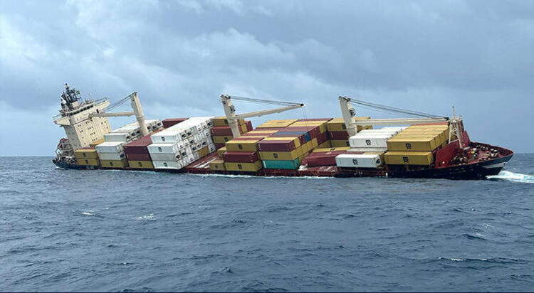 The photograph taken and released on May 25, 2025, by the Indian Defense Public Relations Office (PRO) of Mumbai, shows a Liberian-flagged container ship off India’s southern coast of Kerala. (Courtesy: Indian Defense PRO)