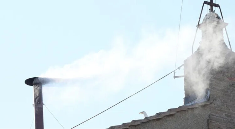 White smoke billows from the chimney of the Sistine Chapel during the conclave to elect a new pope, at the Vatican, Thursday, May 8, 2025. (Andrew Medichini/AP)