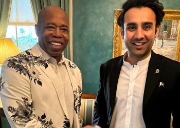 Pakistan’s Minister of State for Crypto and Blockchain Bilal Bin Saqib meets New York City Mayor Eric Adams (left) in NewYork City on June 6, 2025. (Pakistan Crypto Council)