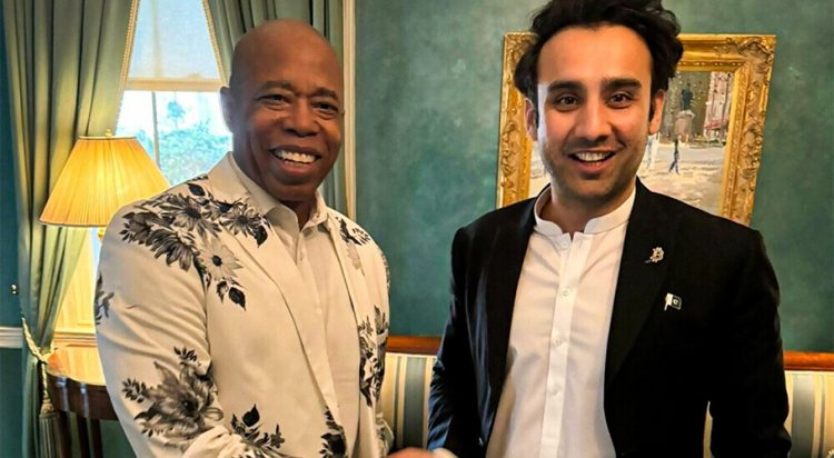 Pakistan’s Minister of State for Crypto and Blockchain Bilal Bin Saqib meets New York City Mayor Eric Adams (left) in NewYork City on June 6, 2025. (Pakistan Crypto Council)
