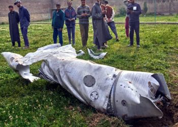 Debris, likely from an external fuel tank for military aircraft, in the Pulwama district of Indian-controlled Kashmir Credit...Dar Yasin/Associated Press