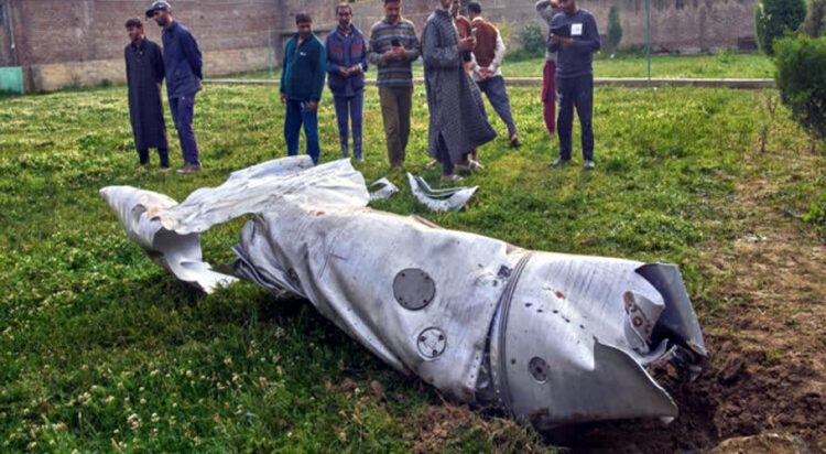 Debris, likely from an external fuel tank for military aircraft, in the Pulwama district of Indian-controlled Kashmir Credit...Dar Yasin/Associated Press