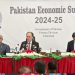 Finance Minister Muhammad Aurangzeb on Monday presenting the Pakistan Economic Survey 2024-25 in Islamabad (Image: Dawn News)
