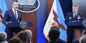 Defense Secretary Pete Hegseth and Joint Chiefs Chairman Gen. Dan Caine speak during a news conference at the Pentagon in Washington, Sunday, June 22, 2025, after the U.S. military struck three sites in Iran, directly joining Israel’s effort to destroy the country’s nuclear program. (AP Photo/Alex Brandon)
