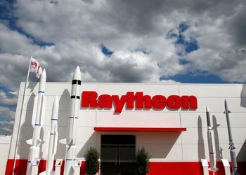 The Raytheon stand is seen at the 53rd International Paris Air Show at Le Bourget Airport near Paris, France June 21, 2019. REUTERS/Pascal Rossignol/File Photo