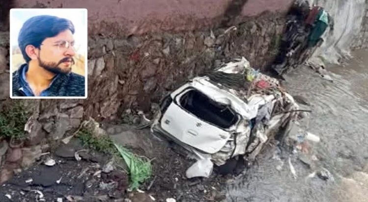 The car stuck in a street beside the drain, while the inset shows the driver, who is still missing. (Image: Express News)
