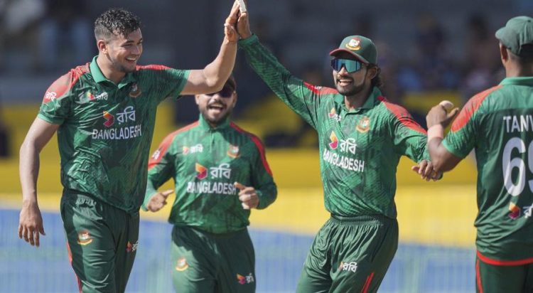 Bangladesh’s Taskin Ahmed, right, celebrates. | Photo Credit: AP/File