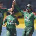 Bangladesh’s Taskin Ahmed, right, celebrates. | Photo Credit: AP/File