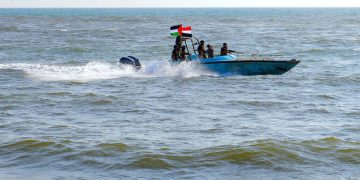 Members of the Yemeni Coast Guard affiliated with the Houthi group patrol the sea as demonstrators march through the Red Sea port city of Hodeida in solidarity with the people of Gaza on January 4, 2024. (File/AFP)