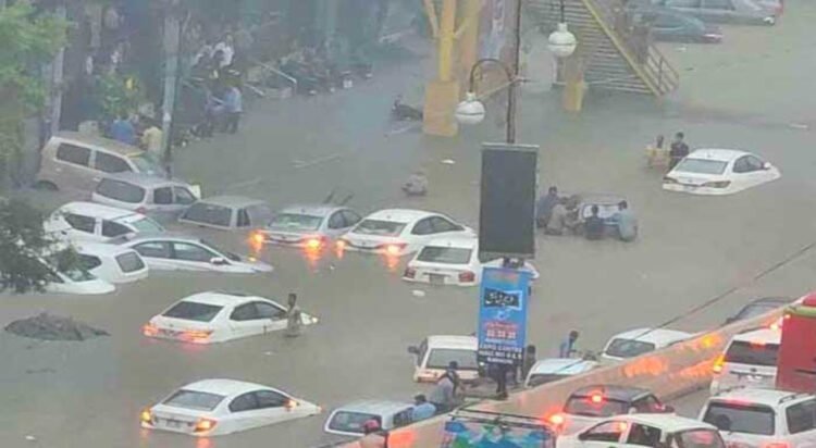 Sharea Faisal, II Chundrigar Road, Shah Faisal Colony, Model Colony, airport, and nearby residential areas received downpour today. (Image: Geo News)
