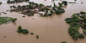 This aerial photograph shows partially submerged houses in the flood-affected area of the Haqu Wala village in Kasur, Pakistan, on August 24, 2025. (AFP)