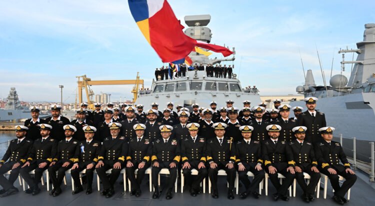 CNS Admiral Naveed Ashraf, along with commissioning crew onboard PNS Khaibar on December 21, 2025.  (X@dgprPaknavy)