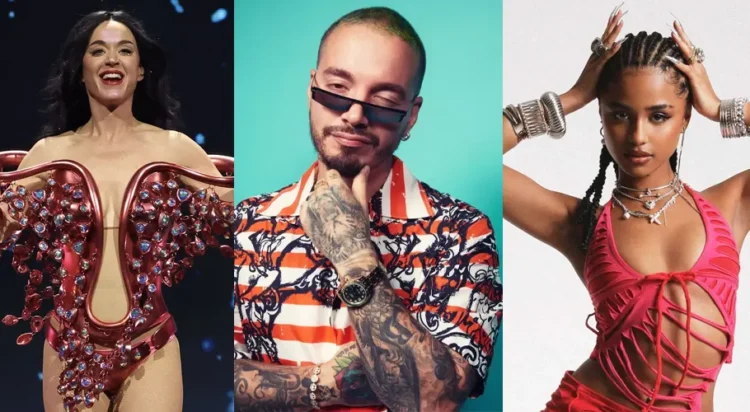 Katy Perry (L), J Balvin (C) and Tyla (R) are set to perform at FIFA World Cup 2026 opening ceremonies (Credit: Kevin Mazur/Getty - returnofrock.com - concord.com)
