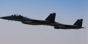 A Saudi fighter jet accompanies Air Force One, carrying U.S. President Donald Trump, on approach to the King Khalid International Airport in Riyadh, Saudi Arabia, May 13, 2025. REUTERS/Brian Snyder/File Photo