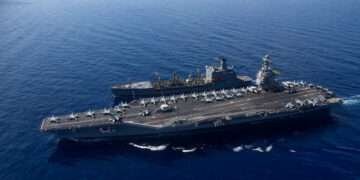 The world?s largest aircraft carrier USS Gerald R. Ford steams alongside USNS Laramie (T-AO-203) during a fueling-at-sea in the eastern Mediterranean Sea, as a scheduled deployment in the U.S Naval Forces Europe area of operations, deployed by U.S. Sixth Fleet to defend U.S, allied, and partners interests, in this photo taken on October, 11, 2023 and released by U.S. Navy on October 14, 2023..