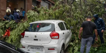 Civic-authority workers clear the road, blocked by uprooted trees following strong winds and heavy rainfall in Mumbai on July 5, 2026. — AFP