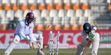 Pakistan's Mohammad Rizwan was clean bowled by Jomel Warrican for one of his five wickets in Pakistan's second innings as he led his side's win in the second Test match in Multan. 27 Jan 2025 [Farooq Naeem/AFP]