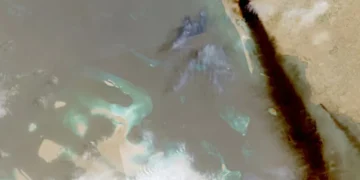 A composite satellite image shows trail of smoke rising from an oil facility, in Jizan, Jazan province, Saudi Arabia, July 26, 2026. European Union/Copernicus Sentinel-2/Handout via REUTERS/File Photo