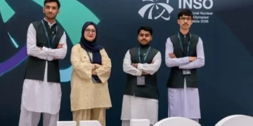Team Pakistan stands for a photo at the 3rd International Nuclear Science Olympiad in Jeddah, Saudi Arabia. — APP