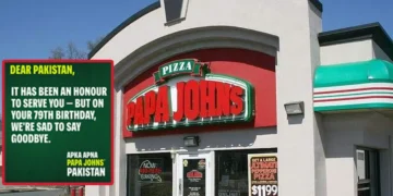 This combo of images shows American pizza chain Papa John’s first Pakistan location in Lahore and its cryptic Instagram post. Credit: Ildar Sagdejev.